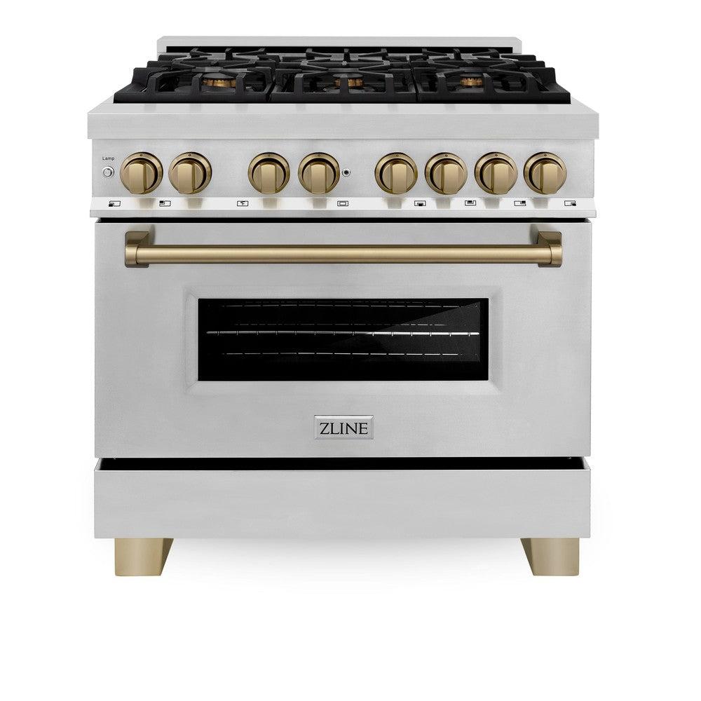 ZLINE Autograph Edition 36 in. 4.6 cu. ft. Legacy Dual Fuel Range with 6 Burner Gas Cooktop and Electric Convection Oven in Stainless Steel and Champagne Bronze Accents (RAZ-36-CB) front, oven closed.