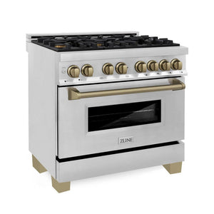 ZLINE Autograph Edition 36 in. 4.6 cu. ft. Dual Fuel Range with Gas Stove and Electric Oven in Stainless Steel with Champagne Bronze Accents (RAZ-36-CB) side, oven closed.