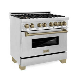 ZLINE Autograph Edition 36 in. 4.6 cu. ft. Dual Fuel Range with Gas Stove and Electric Oven in Stainless Steel with Champagne Bronze Accents (RAZ-36-CB) side, oven closed.