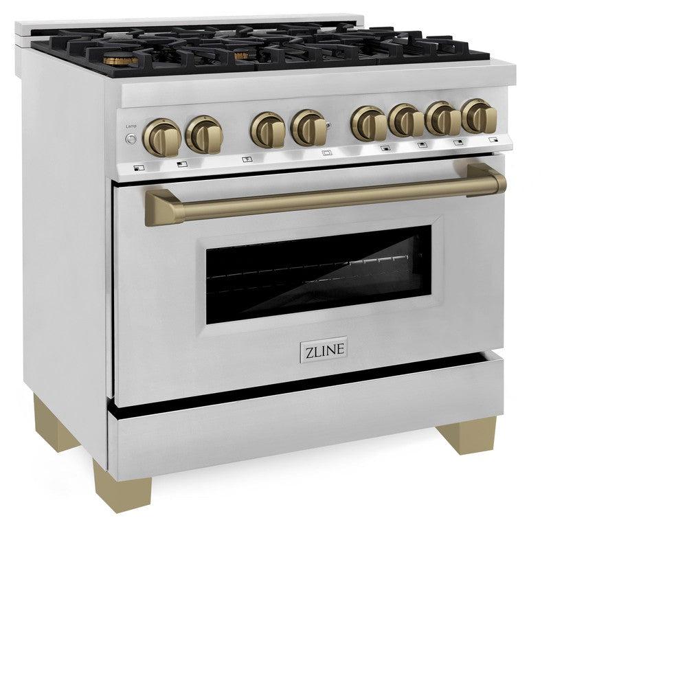 ZLINE Autograph Edition 36 in. 4.6 cu. ft. Legacy Dual Fuel Range with 6 Burner Gas Cooktop and Electric Convection Oven in Stainless Steel and Champagne Bronze Accents (RAZ-36-CB) side, oven closed.