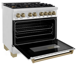 ZLINE Autograph Edition 36 in. 4.6 cu. ft. Legacy Dual Fuel Range with 6 Burner Gas Cooktop and Electric Convection Oven in Stainless Steel and Champagne Bronze Accents (RAZ-36-CB) side, oven open.