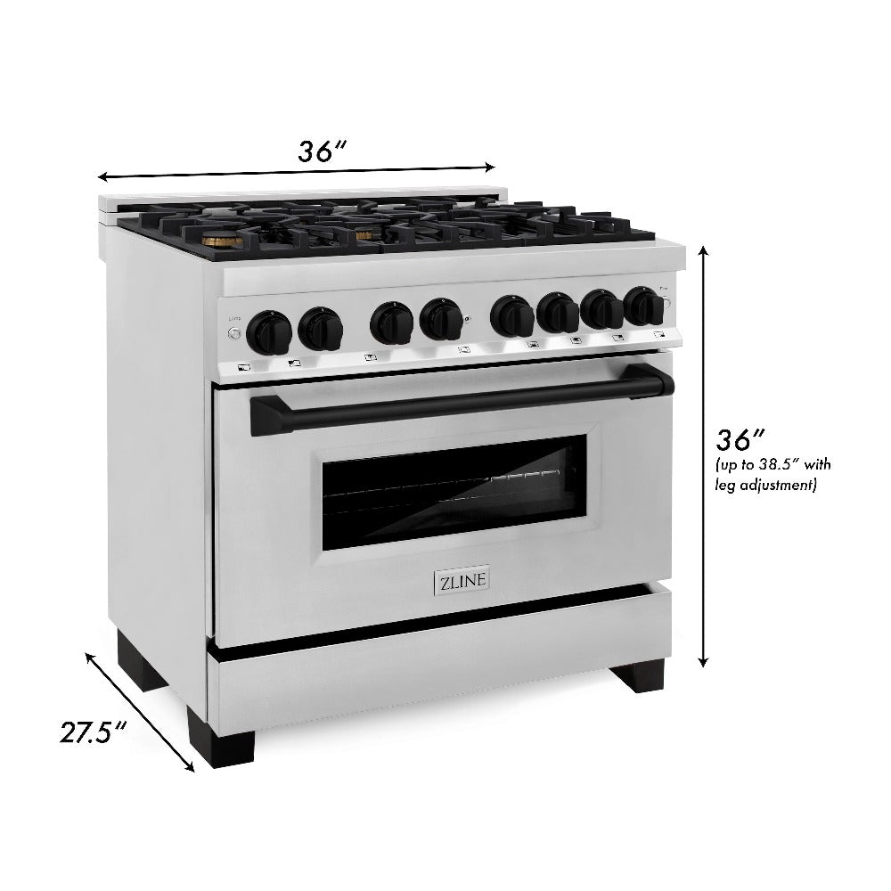 ZLINE Autograph Edition 36 in. 4.6 cu. ft. Dual Fuel Range with Gas Stove and Electric Oven in Stainless Steel with Matte Black Accents (RAZ-36-MB) dimensional diagram with measurements.