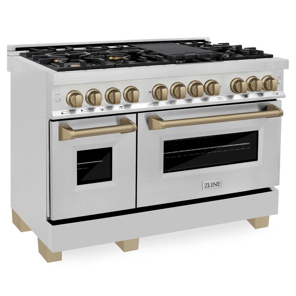 ZLINE Autograph Edition 48 in. 6.0 cu. ft. Dual Fuel Range with Gas Stove and Electric Oven in Stainless Steel with Champagne Bronze Accents (RAZ-48-CB) side, ovens closed.