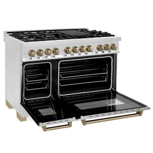ZLINE Autograph Edition 48 in. Kitchen Package with Stainless Steel Dual Fuel Range, Range Hood and Dishwasher with Champagne Bronze Accents (3AKP-RARHDWM48-CB) 
