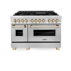 ZLINE Autograph Edition 48 in. 6.0 cu. ft. Legacy Dual Fuel Range with 7 Burner Gas Cooktop and 2 Electric Ovens in Stainless Steel and Polished Gold Accents (RAZ-48-G) front, oven closed.