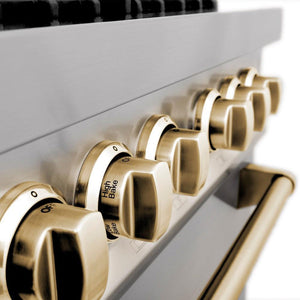 Polished Gold oven and cooktop knobs on ZLINE Autograph Edition Range.