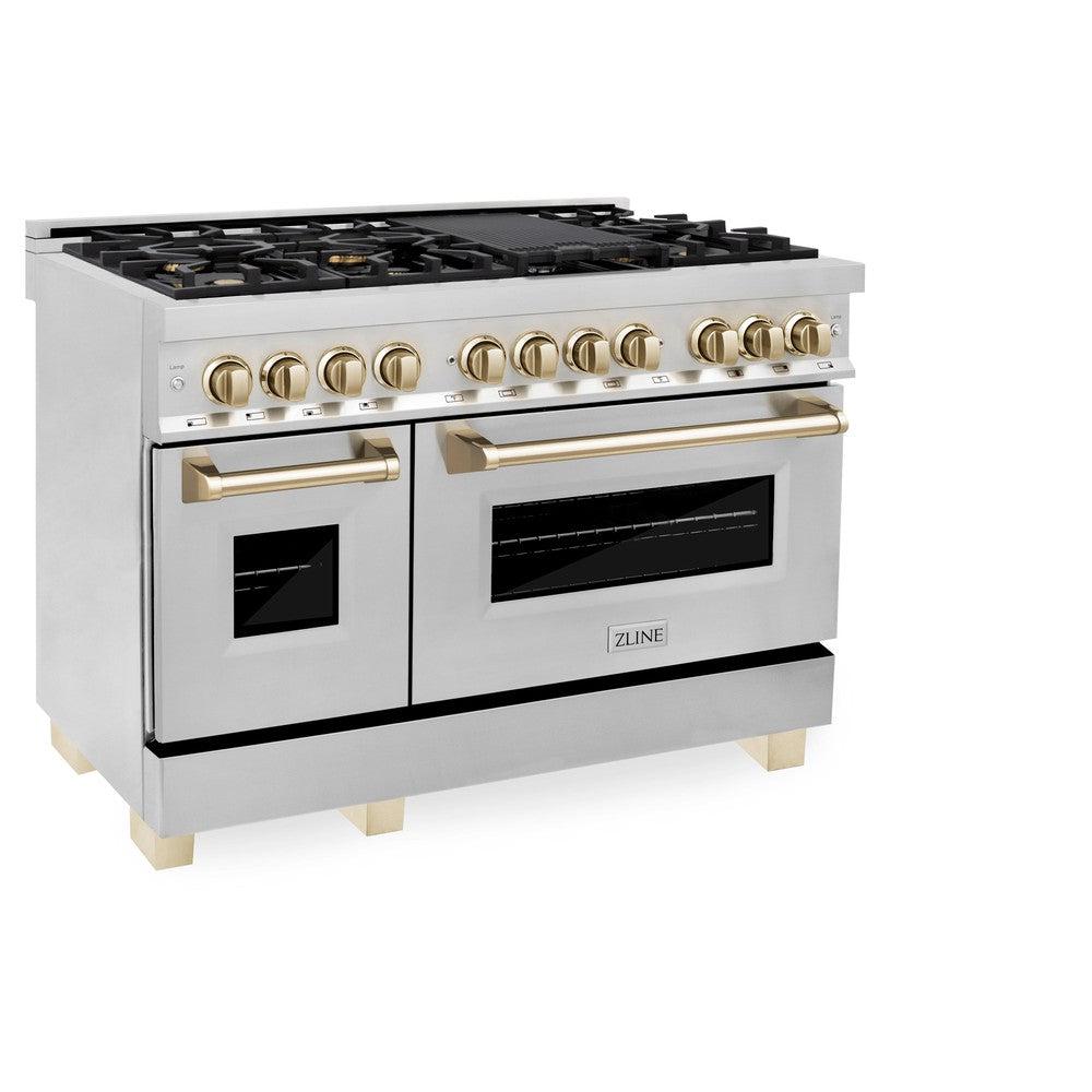 ZLINE Autograph Edition 48 in. 6.0 cu. ft. Legacy Dual Fuel Range with 7 Burner Gas Cooktop and 2 Electric Ovens in Stainless Steel and Polished Gold Accents (RAZ-48-G) side, oven closed.