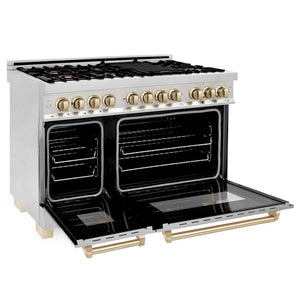 ZLINE Autograph Edition 48 in. 6.0 cu. ft. Legacy Dual Fuel Range with 7 Burner Gas Cooktop and 2 Electric Ovens in Stainless Steel and Polished Gold Accents (RAZ-48-G) side, oven open.