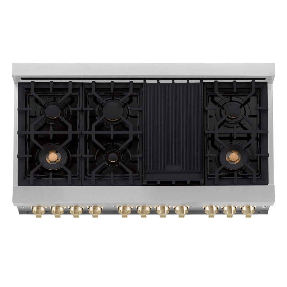 ZLINE Autograph Edition 48 in. 6.0 cu. ft. Dual Fuel Range with Gas Stove and Electric Oven in Stainless Steel with Polished Gold Accents (RAZ-48-G) above 7-burner gas cooktop and griddle.