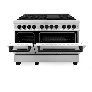 ZLINE Autograph Edition 48 in. 6.0 cu. ft. Legacy Dual Fuel Range with 7 Burner Gas Cooktop and 2 Electric Ovens in Stainless Steel and Matte Black Accents (RAZ-48-MB) front, oven half open.