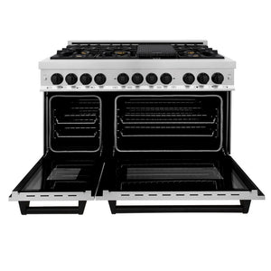 ZLINE Autograph Edition 48 in. 6.0 cu. ft. Legacy Dual Fuel Range with 7 Burner Gas Cooktop and 2 Electric Ovens in Stainless Steel and Matte Black Accents (RAZ-48-MB) front, oven open.