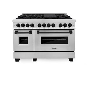 ZLINE Autograph Edition 48 in. 6.0 cu. ft. Legacy Dual Fuel Range with 7 Burner Gas Cooktop and 2 Electric Ovens in Stainless Steel and Matte Black Accents (RAZ-48-MB) front, oven closed.