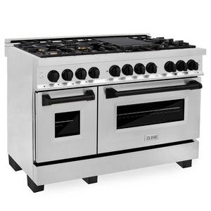 ZLINE Autograph Edition 48 in. 6.0 cu. ft. Dual Fuel Range with Gas Stove and Electric Oven in Stainless Steel with Matte Black Accents (RAZ-48-MB) side, ovens closed.