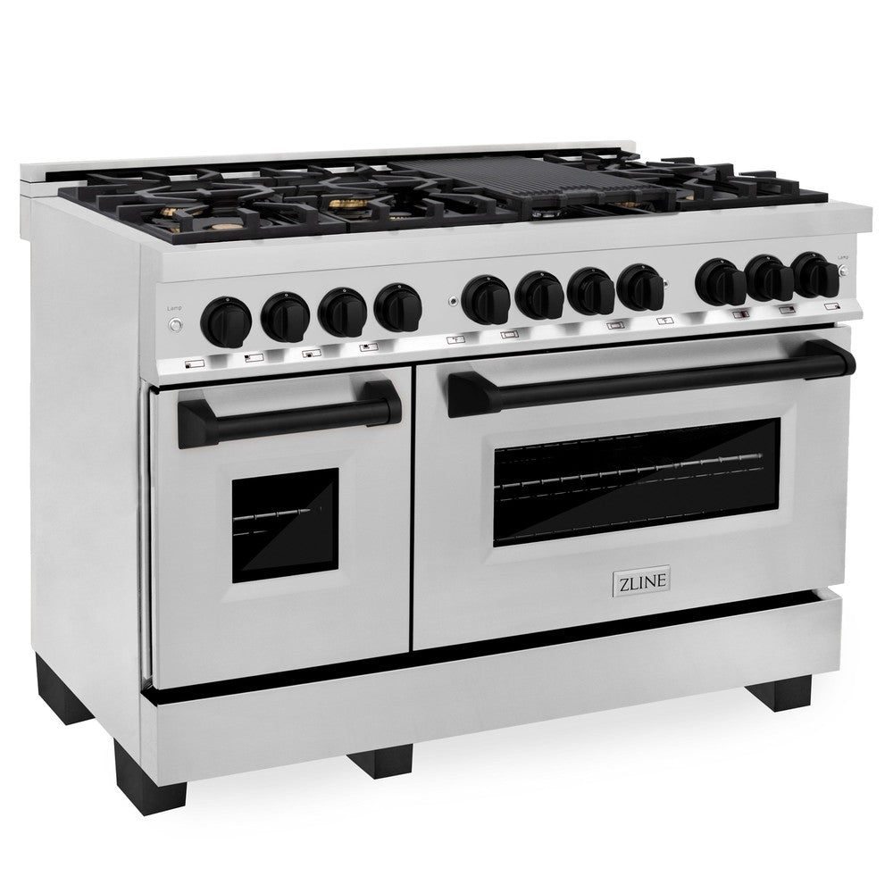 ZLINE Autograph Edition 48 in. 6.0 cu. ft. Dual Fuel Range with Gas Stove and Electric Oven in Stainless Steel with Matte Black Accents (RAZ-48-MB) side, ovens closed.