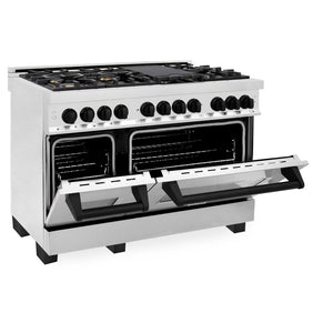 ZLINE Autograph Edition 48 in. 6.0 cu. ft. Dual Fuel Range with Gas Stove and Electric Oven in Stainless Steel with Matte Black Accents (RAZ-48-MB) side, ovens half open.