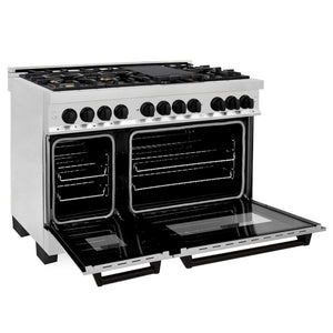 ZLINE Autograph Edition 48 in. 6.0 cu. ft. Dual Fuel Range with Gas Stove and Electric Oven in Stainless Steel with Matte Black Accents (RAZ-48-MB) side, ovens open.