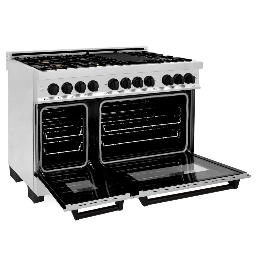 ZLINE Autograph Edition 48 in. 6.0 cu. ft. Legacy Dual Fuel Range with 7 Burner Gas Cooktop and 2 Electric Ovens in Stainless Steel and Matte Black Accents (RAZ-48-MB) side, oven open.