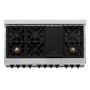 ZLINE Autograph Edition 48 in. 6.0 cu. ft. Dual Fuel Range with Gas Stove and Electric Oven in Stainless Steel with Matte Black Accents (RAZ-48-MB) above 7-burner black porcelain cooktop with griddle, brass burners, and cast-iron grates.