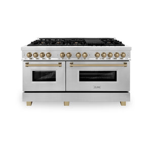 ZLINE Autograph Edition 60 in. 7.4 cu. ft. Legacy Dual Fuel Range with 9 Burner Gas Cooktop and 2 Electric Convection Ovens in Stainless Steel and Champagne Bronze Accents (RAZ-60-CB) front, oven closed.