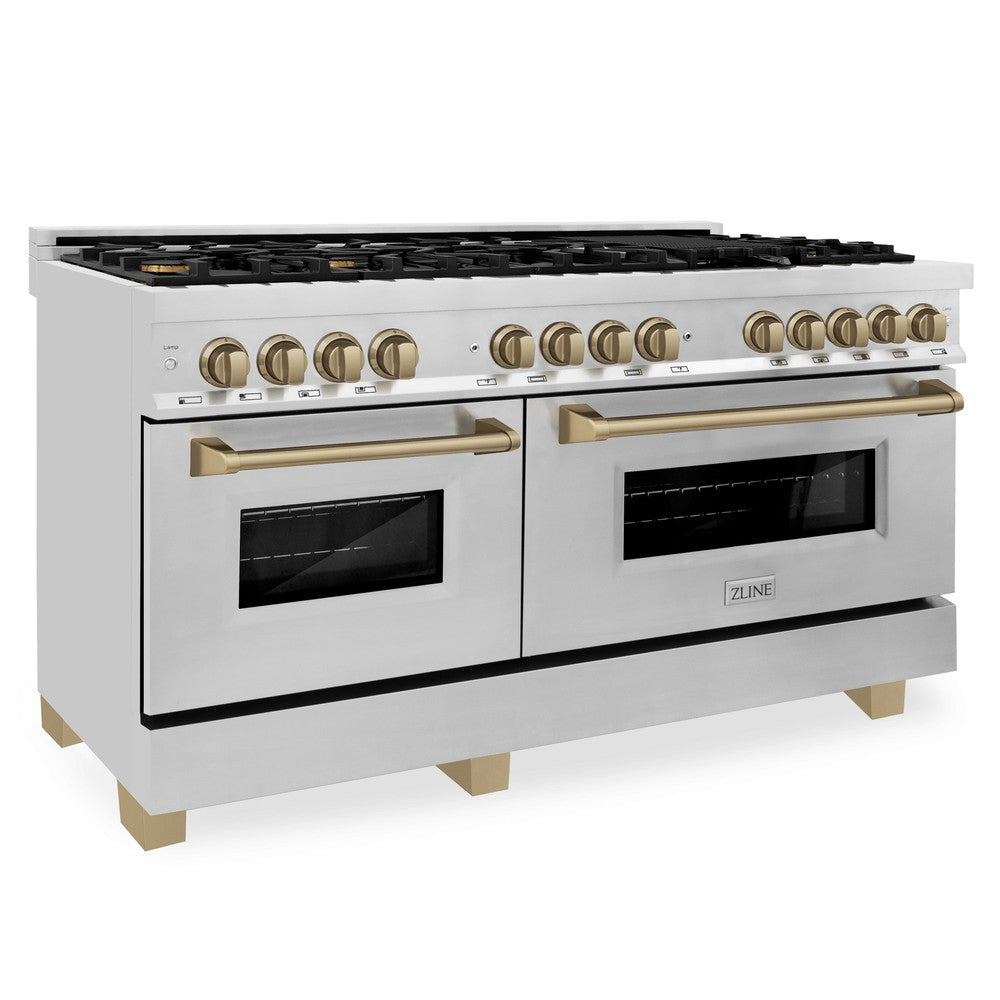 ZLINE Autograph Edition 60 in. 7.4 cu. ft. Legacy Dual Fuel Range with 9 Burner Gas Cooktop and 2 Electric Convection Ovens in Stainless Steel and Champagne Bronze Accents (RAZ-60-CB)