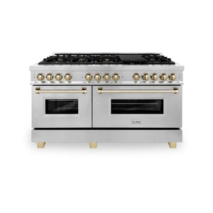 ZLINE Autograph Edition 60 in. 7.4 cu. ft. Legacy Dual Fuel Range with 9 Burner Gas Cooktop and 2 Electric Convection Ovens in Stainless Steel and Polished Gold Accents (RAZ-60-G) front, oven closed.