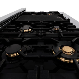 ZLINE Autograph Edition 60 in. 7.4 cu. ft. Legacy Dual Fuel Range with 9 Burner Gas Cooktop and 2 Electric Convection Ovens in Stainless Steel and Matte Black Accents (RAZ-60-MB) brass burners, griddle, and grates.