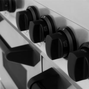 ZLINE Autograph Edition 60 in. 7.4 cu. ft. Legacy Dual Fuel Range with 9 Burner Gas Cooktop and 2 Electric Convection Ovens in Stainless Steel and Matte Black Accents (RAZ-60-MB) side, control knobs close-up.