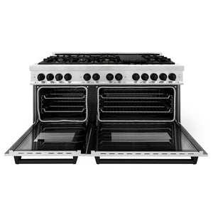 ZLINE Autograph Edition 60 in. 7.4 cu. ft. Legacy Dual Fuel Range with 9 Burner Gas Cooktop and 2 Electric Convection Ovens in Stainless Steel and Matte Black Accents (RAZ-60-MB) front, oven open.