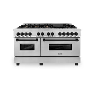 ZLINE Autograph Edition 60 in. 7.4 cu. ft. Legacy Dual Fuel Range with 9 Burner Gas Cooktop and 2 Electric Convection Ovens in Stainless Steel and Matte Black Accents (RAZ-60-MB) front, oven closed.