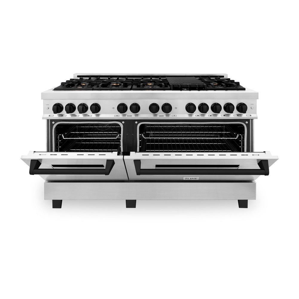 ZLINE Autograph Edition 60 in. 7.4 cu. ft. Dual Fuel Range with Gas Stove and Electric Oven in Stainless Steel with Matte Black Accents (RAZ-60-MB) front, ovens half open.