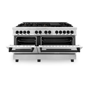 ZLINE Autograph Edition 60 in. 7.4 cu. ft. Legacy Dual Fuel Range with 9 Burner Gas Cooktop and 2 Electric Convection Ovens in Stainless Steel and Matte Black Accents (RAZ-60-MB) side, oven half open.