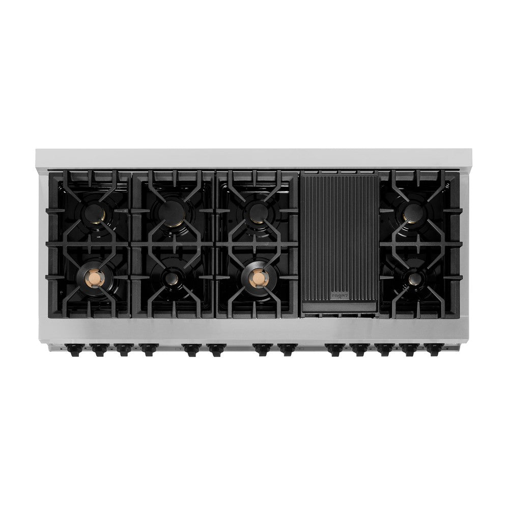 ZLINE Autograph Edition 60 in. 7.4 cu. ft. Legacy Dual Fuel Range with 9 Burner Gas Cooktop and 2 Electric Convection Ovens in Stainless Steel and Matte Black Accents (RAZ-60-MB) top-view, above cooktop.