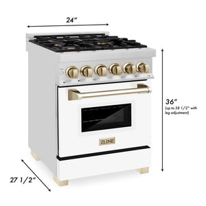 ZLINE Autograph Edition 24 in. 2.8 cu. ft. Legacy Dual Fuel Range with 4 Burner Gas Cooktop and Electric Convection Oven in Stainless Steel with White Matte Door and Polished Gold Accents (RAZ-WM-24-G) dimensional diagram.