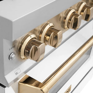 ZLINE Autograph Edition 36 in. 4.6 cu. ft. Legacy Dual Fuel Range with 6 Burner Gas Cooktop and Electric Convection Oven in Stainless Steel with White Matte Door and Polished Gold Accents (RAZ-WM-36-G) side, control knobs close-up.