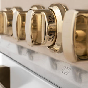 ZLINE Autograph Edition 36 in. Kitchen Package with Stainless Steel Dual Fuel Range with White Matte Door, Range Hood and Dishwasher with Polished Gold Accents (3AKP-RAWMRHDWM36-G) 