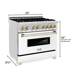 ZLINE Autograph Edition 36 in. 4.6 cu. ft. Legacy Dual Fuel Range with 6 Burner Gas Cooktop and Electric Convection Oven in Stainless Steel with White Matte Door and Polished Gold Accents (RAZ-WM-36-G) dimensional diagram.