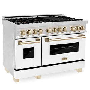 ZLINE Autograph Edition 48 in. Kitchen Package with Stainless Steel Dual Fuel Range with White Matte Door, Range Hood and Dishwasher with Polished Gold Accents (3AKP-RAWMRHDWM48-G) 