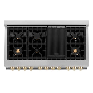 ZLINE Autograph Edition 48-inch RA Dual Fuel Range from above showing 7-burner black porcelain cooktop with griddle, brass burners, and cast-iron grates.