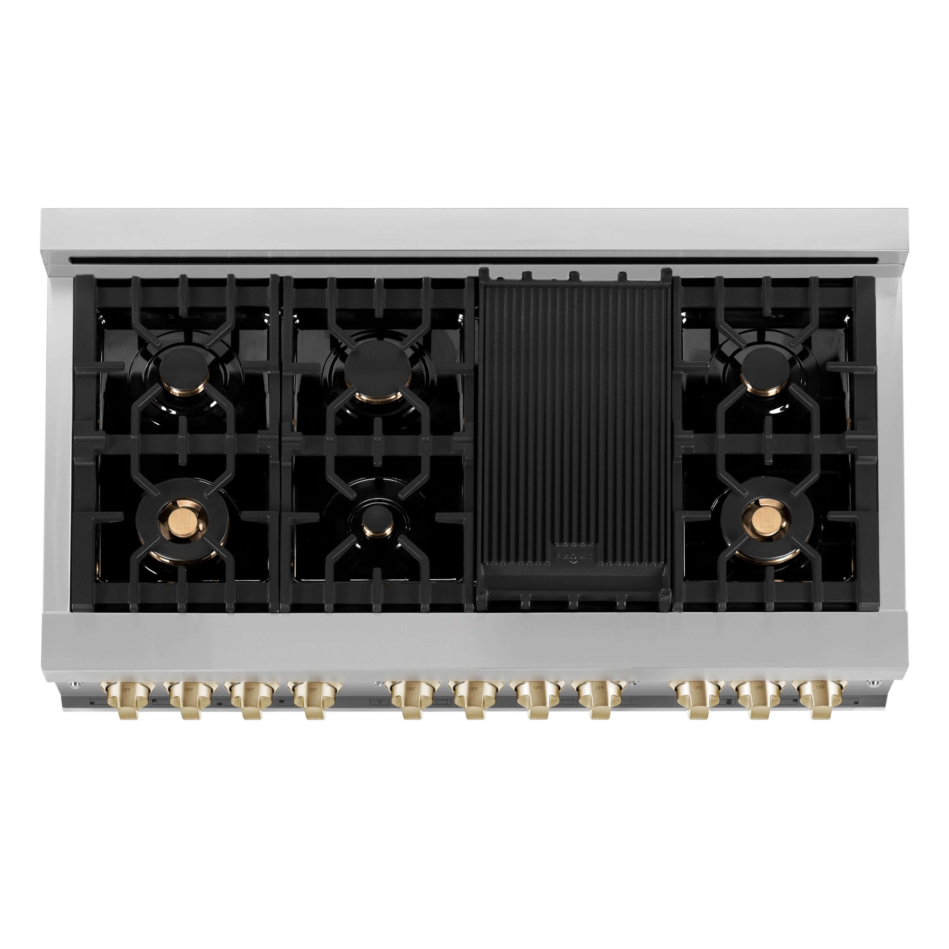 ZLINE Autograph Edition 48-inch RA Dual Fuel Range from above showing 7-burner black porcelain cooktop with griddle, brass burners, and cast-iron grates.