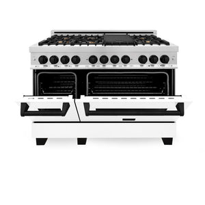 ZLINE Autograph Edition 48 in. Kitchen Package with Stainless Steel Dual Fuel Range with White Matte Door and Range Hood with Matte Black Accents (2AKP-RAWMRH48-MB) 