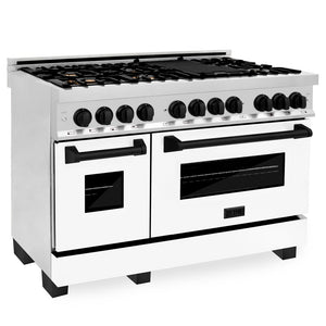 ZLINE Autograph Edition 48 in. Kitchen Package with Stainless Steel Dual Fuel Range with White Matte Door and Range Hood with Matte Black Accents (2AKP-RAWMRH48-MB) 