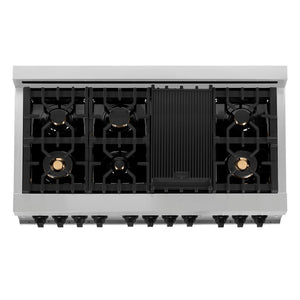 ZLINE Autograph Edition 48-inch RA Dual Fuel Range from above showing 7-burner black porcelain cooktop with griddle, brass burners, and cast-iron grates.