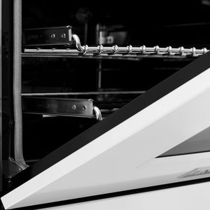 ZLINE 36 in. 4.6 cu. ft. Legacy Dual Fuel Range with 6 Burner Gas Cooktop and Electric Convection Oven in Stainless Steel and White Matte Door (RA-WM-36) oven door close-up.