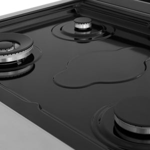 Sealed gas burners and black porcelain top on ZLINE cooktop.