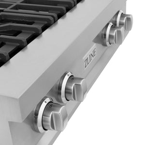 ZLINE Porcelain Gas Rangetop (RT) close-up, knobs.