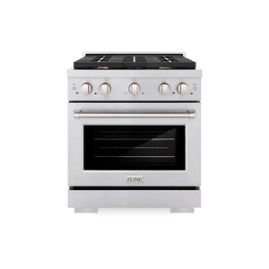 ZLINE 30 in. 4.2 cu. ft. Paramount Gas Range with Convection Gas Oven in Stainless Steel with 4 Brass Burners (SGR-BR-30) front, oven closed.
