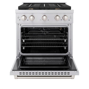 ZLINE 30 in. 4.2 cu. ft. Paramount Gas Range with Convection Gas Oven in Stainless Steel with 4 Brass Burners (SGR-BR-30) front, open.