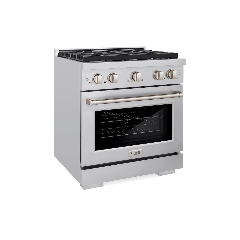 ZLINE 30 in. 4.2 cu. ft. Gas Range with Convection Gas Oven in Stainless Steel with 4 Brass Burners (SGR-BR-30) side, oven closed.