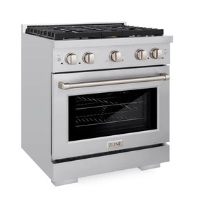 ZLINE 30 in. 4.2 cu. ft. Gas Range with Convection Gas Oven in Stainless Steel with 4 Brass Burners (SGR-BR-30) side, oven door closed.