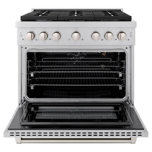 ZLINE 36 in. 5.2 cu. ft. Paramount Gas Range with Convection Gas Oven in Stainless Steel with 6 Brass Burners (SGR-BR-36) front, open.